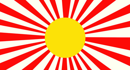 A graphic depiction of a yellow sun radiating red and white beams, on a flat, plain background