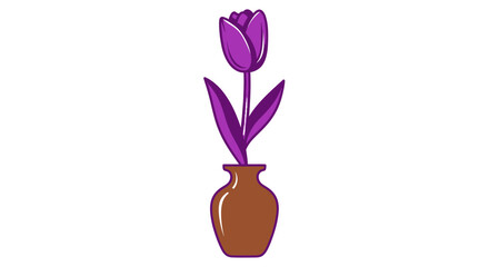 A stylized tulip with deep purple petals and leaves in a brown vase against a white background