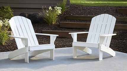 Two white adirondack chairs on patio for relaxing outdoor summer living