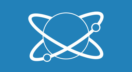 White atom symbol on a blue background, evoking science and technology