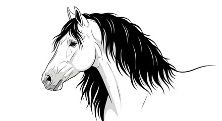 A grayscale illustration of a horse's head and part of its body, with flowing black mane and tail