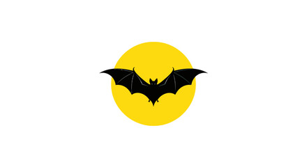 A black bat silhouette flying in front of a large yellow circle against a white background