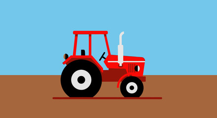 A simplified illustration of a red tractor, depicted in profile, against a blue sky