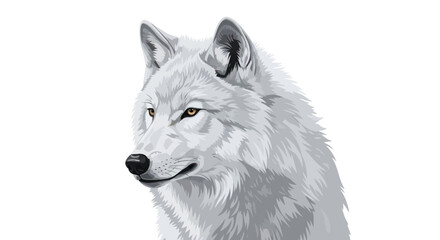 A detailed white wolf head portrait against a white background. The wolf has amber eyes