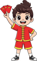 Happy Asian boy in traditional red Chinese outfit holding red envelopes, celebrating Lunar New Year, cheerful festive cartoon illustration