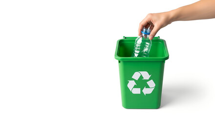 Hand Throwing Plastic Bottle into Green Recycling Bin Isolated on White Background