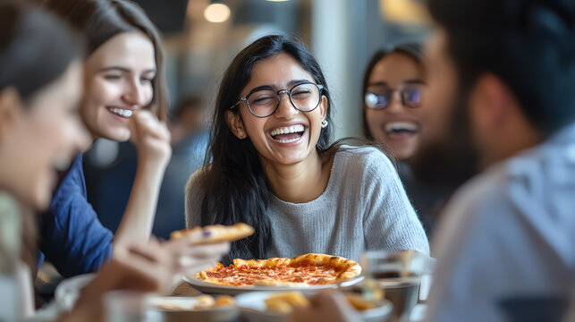 An Indian woman laughs at a funny joke while eating pizza with diverse coworkers in an office, as the friendly team enjoys their lunch break together.