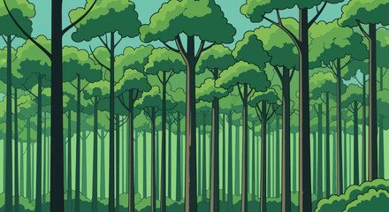Obraz premium Cartoon illustration depicts a dense forest with trees of various heights and shades of green