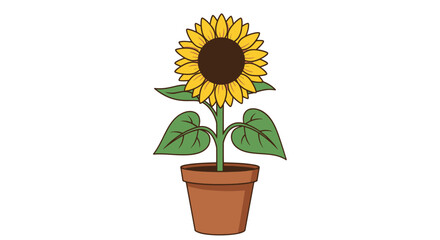 Obraz premium A cartoon drawing of a sunflower in a pot. The flower is blooming with yellow petals