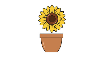 Obraz premium A stylized sunflower with yellow petals and brown center rises from a brown flowerpot