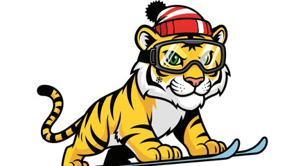 Cartoon tiger on skis with a red and white hat, wearing goggles. Ready for winter fun