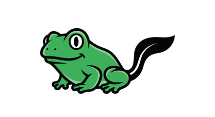 Stylized green frog with large eyes, black tail, and black outlines against white background