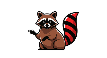 Cartoon raccoon illustration with a brown body, black mask and black and red striped tail, white background