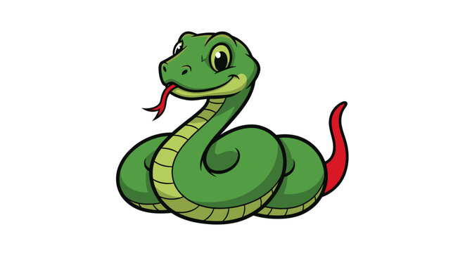 A cartoon snake coiled, smiling, with a red tongue and tail against a white background
