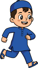 Smiling Muslim boy running happily in blue traditional outfit, cheerful cartoon character illustration for Eid celebration, Islamic culture, and holiday design