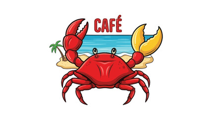A cartoon red crab with claws raised, beach scene, and cafe text on a white background