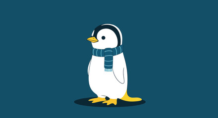 A cartoon penguin with a blue scarf stands on a dark oval shadow against a teal background