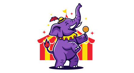 A smiling cartoon elephant with a hat and lollipop stands in front of a circus tent