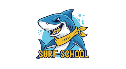 A cartoon shark with a yellow scarf grins. Text 