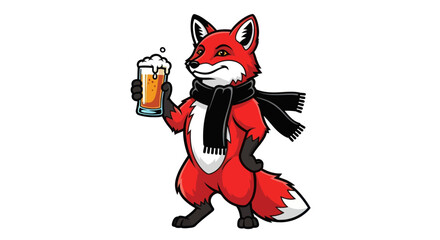 Cartoon red fox wearing a black scarf, holding a pint of beer with a frothy head