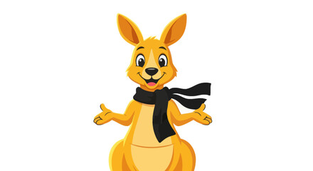 Animated kangaroo wearing a black scarf, smiling with open arms, isolated on white