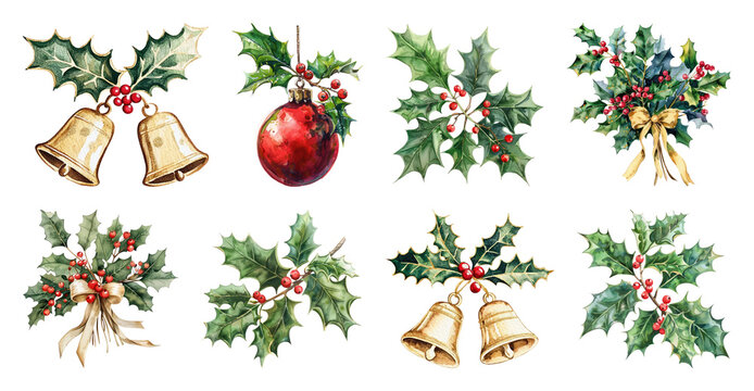 PNG Festive holly and bell decorations, element set on transparent background - Powered by Adobe