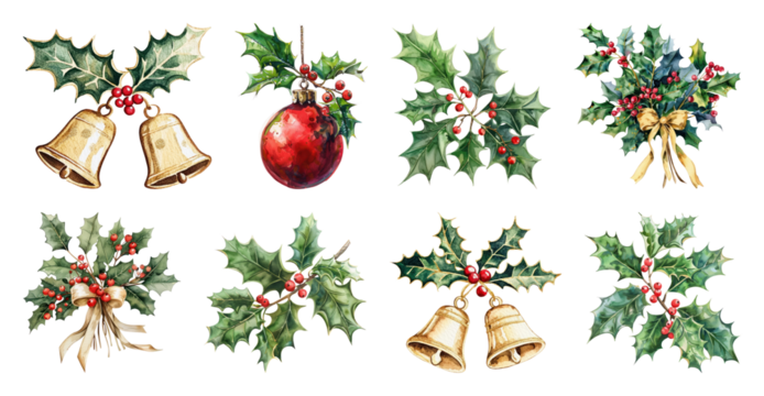 PNG Festive holly and bell decorations, element set on transparent background