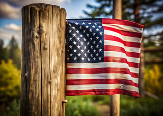American Flag Attached to a Weathered Wooden Post in a Natural Outdoor Setting usa flag rustic isolated on a transparent background