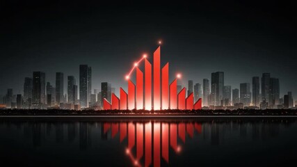 Stunning City Skyline at Night with Dramatic Red Shapes Reflecting on Calm Water Surface in Urban Landscape 4k video footage - Powered by Adobe