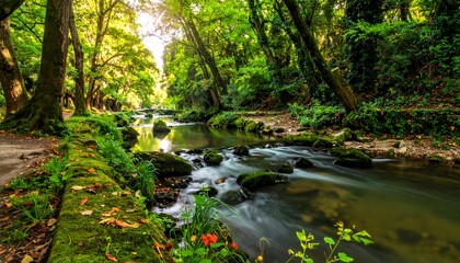 Obraz premium A serene river flows through a lush, green forest, with sunlight filtering through the canopy, creating a peaceful atmosphere