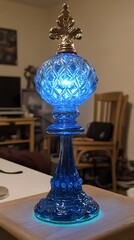 Elegant illuminated blue glass table lamp with gold accents on wooden surface