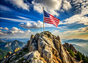 American Flag Flying on a Rocky Mountain Peak Under a Dramatic Cloudy Sky usa flag rocky mountains isolated on a transparent background
