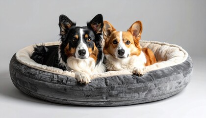 Two Dogs Relaxing in Gray Plush Pet Bed