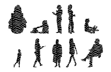 Vector illustration, Outline silhouettes of people, Contour drawing, people silhouette, Icon Set Isolated , Silhouette of sitting people, Architectural set