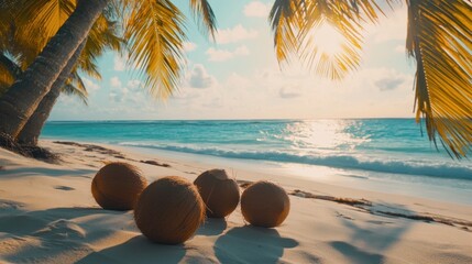 Coconuts on a tropical beach at sunset. Sunlight filters through palm trees casting shadows on the white sand. Turquoise water gently laps the shore.
