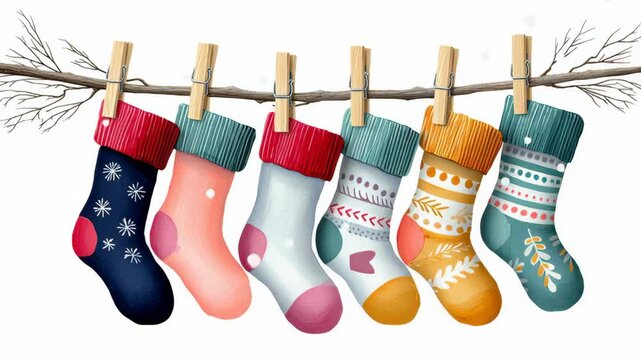 Colorful decorative socks hanging on a rustic branch with clothespins, showcasing unique patterns and textures, creating a festive atmosphere for holiday celebrations and seasonal decor inspiration