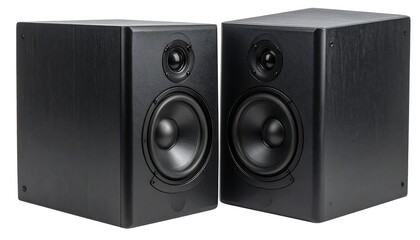 Obraz premium Two rectangular, black speakers with rounded corners and visible driver components. A studio setup. Isolated on white