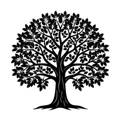 Obraz premium Vector art of a silhouette of a tree with a full crown of leaves, , showcasing its intricate branches and foliage in stark contrast