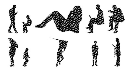 Vector illustration, Outline silhouettes of people, Contour drawing, people silhouette, Icon Set Isolated , Silhouette of sitting people, Architectural set
