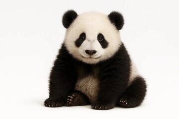 Obraz premium Cute panda cub sitting on a white background, showcasing its playful nature and adorable features during a moment of relaxation in its habitat