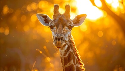 A close-up portrait of a giraffe against the backdrop of a warm, golden sunset. The light creates a stunning halo