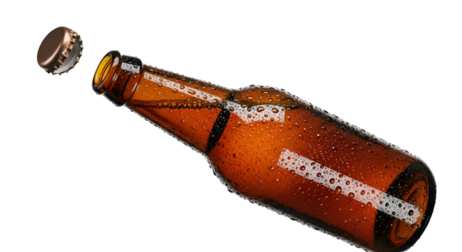 Amber Glass Beer Bottle with Cap Removed and Water Droplets