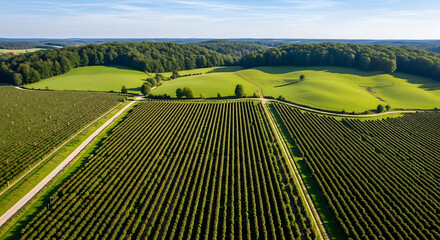 Aerial view of farmland and forest on a sunny day