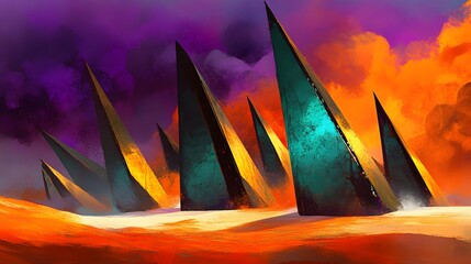 Abstract landscape painting style of pyramid rock formation with vibrant sky art