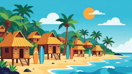 Tropical beach huts line the sandy shore under a bright sun, creating a peaceful island getaway with surfboards ready for adventure.
