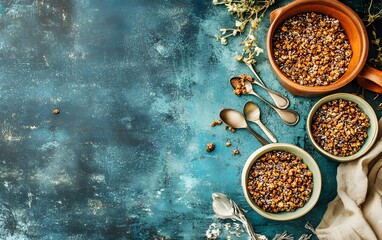 rustic granola bowls flat lay on blue textured background