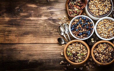 Various bowls of granola on wooden surface top view concept
