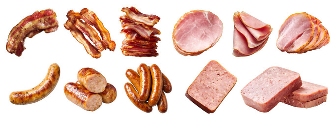 Collection of 4 set processed meat, bacon salt-cured pork, Parma ham Prosciutto, frankfurter wiener bratwurst sausage, Spam luncheon meat, sliced whole pile, transparent cutout PNG. Mockup for design