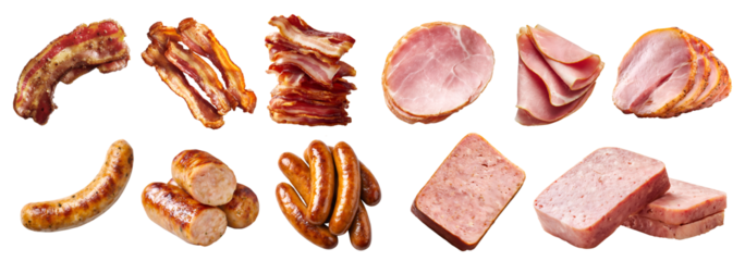 Collection of 4 set processed meat, bacon salt-cured pork, Parma ham Prosciutto, frankfurter wiener bratwurst sausage, Spam luncheon meat, sliced whole pile, transparent cutout PNG. Mockup for design