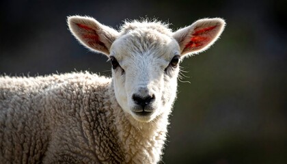 Fototapeta premium A close-up portrait of a young lamb. It has soft, white wool and pink-lined ears, staring directly at the camera